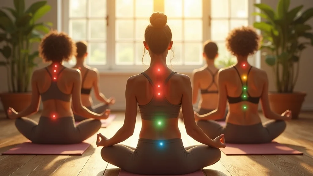 chakra balancing yoga class, group of people in gentle yoga poses, colored light points at chakra locations, sunlit yoga studio