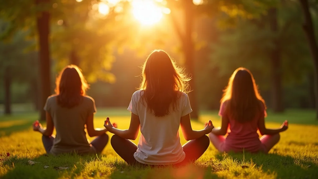 Group practicing root chakra meditation outdoors, with visible grounding energy glowing at the base, in natural setting, photorealistic focus