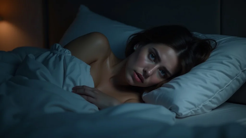 Concerned woman with nervous system dysregulation lying awake in bed and appearing restless at night