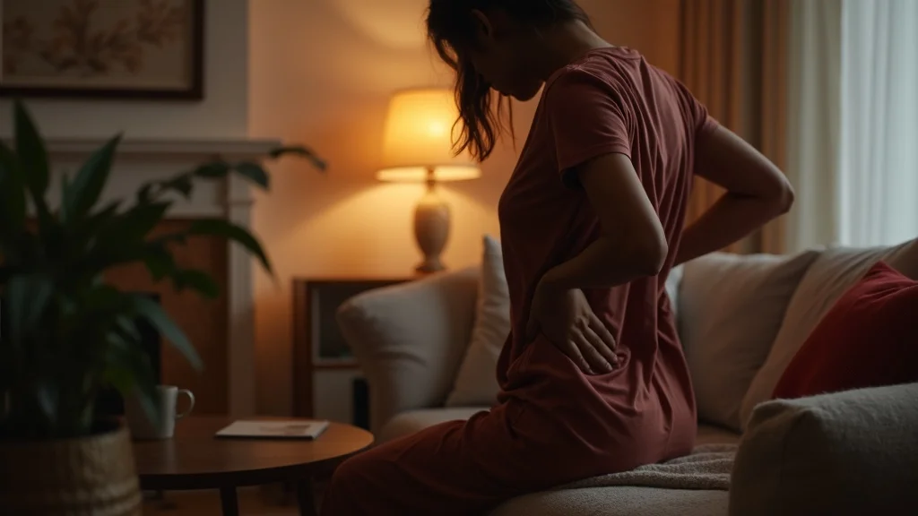 Lifestyle scene showing person with hands on lower back, highlighting root chakra discomfort in a realistic, cozy indoor setting with earthy tones