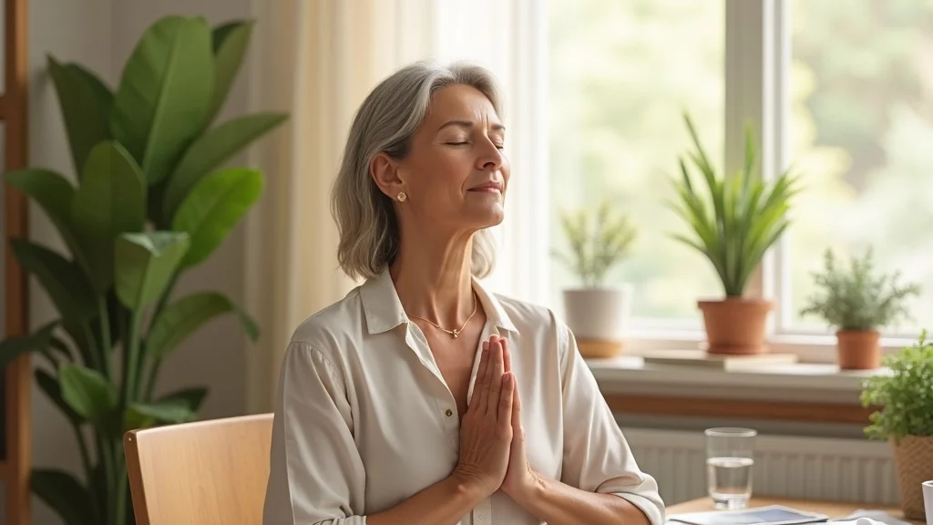 Serene woman practicing deep breathing stress relief practices in home office with calm surroundings