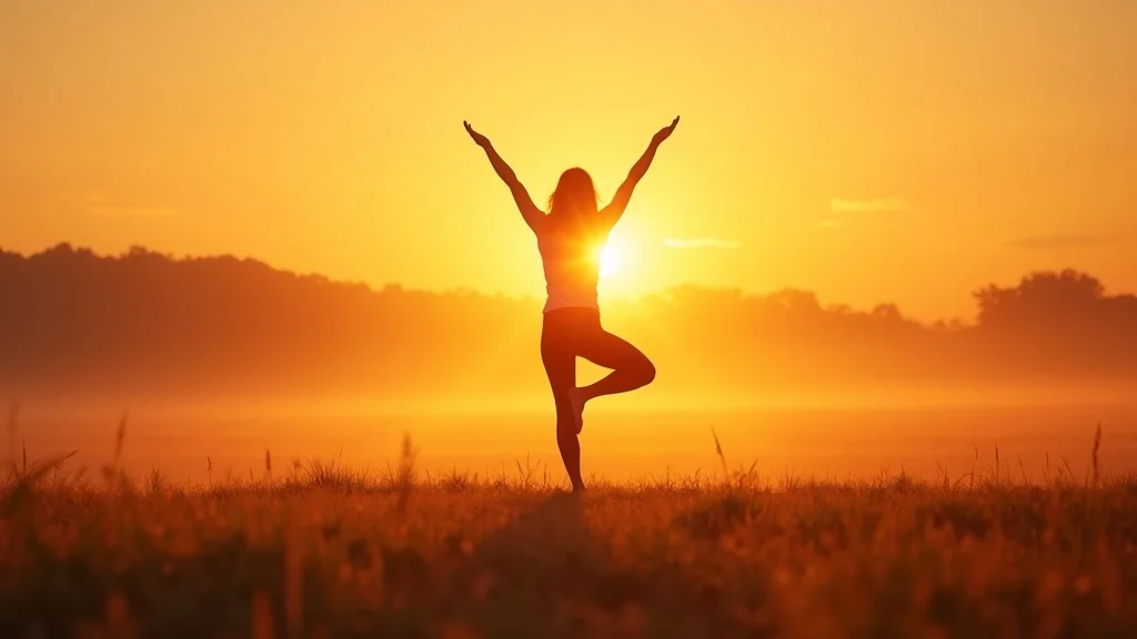 Person practicing yoga at sunrise, harmonious energy, peaceful chakra alignment
