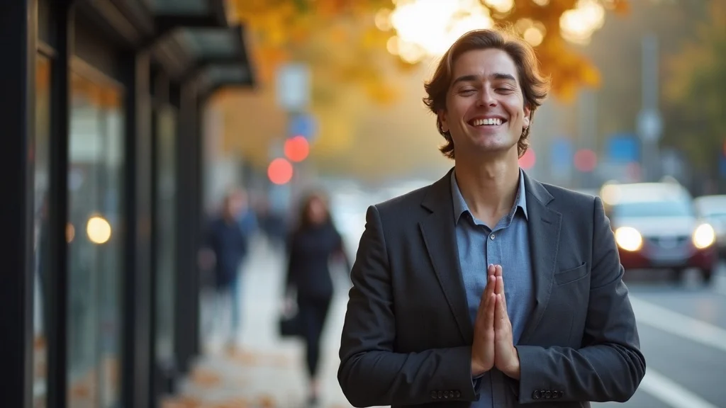 Smiling adult practicing simple breathing technique for anxiety while waiting at a city bus stop on a bright autumn morning
