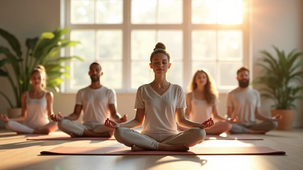 Serene diverse group practicing guided vs silent meditation in a sunlit yoga studio with plants and tranquil morning light.
