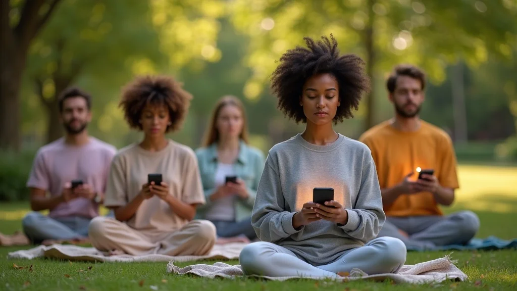 Modern mobile phone and headphones for meditation resting on home cushion, with glowing app interface.