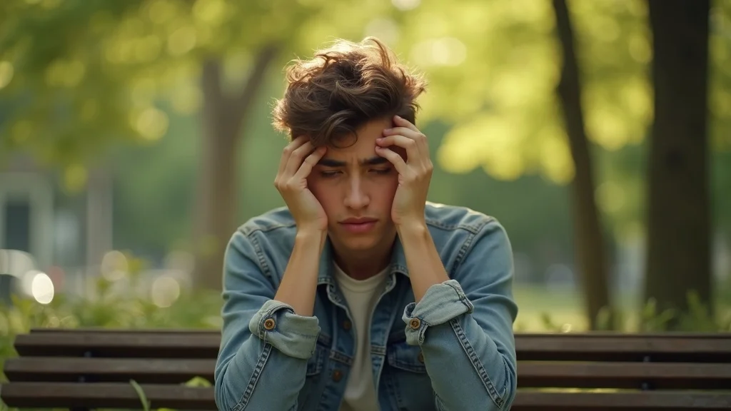 Fatigued young adult experiencing signs of nervous system dysregulation while sitting on a park bench
