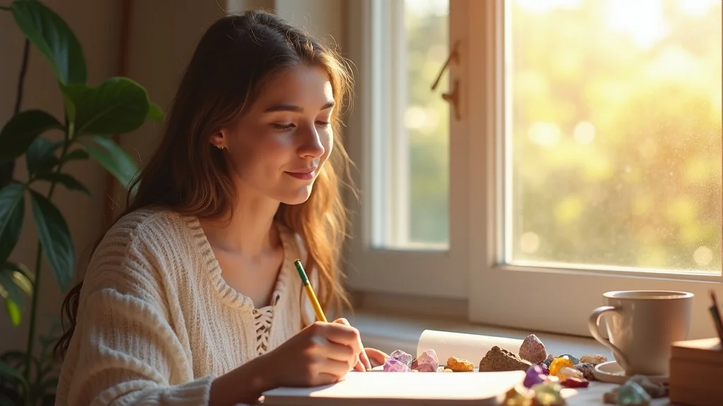 chakra healing beginner, inspired new practitioner journaling by sunlight with crystals and tea on the side