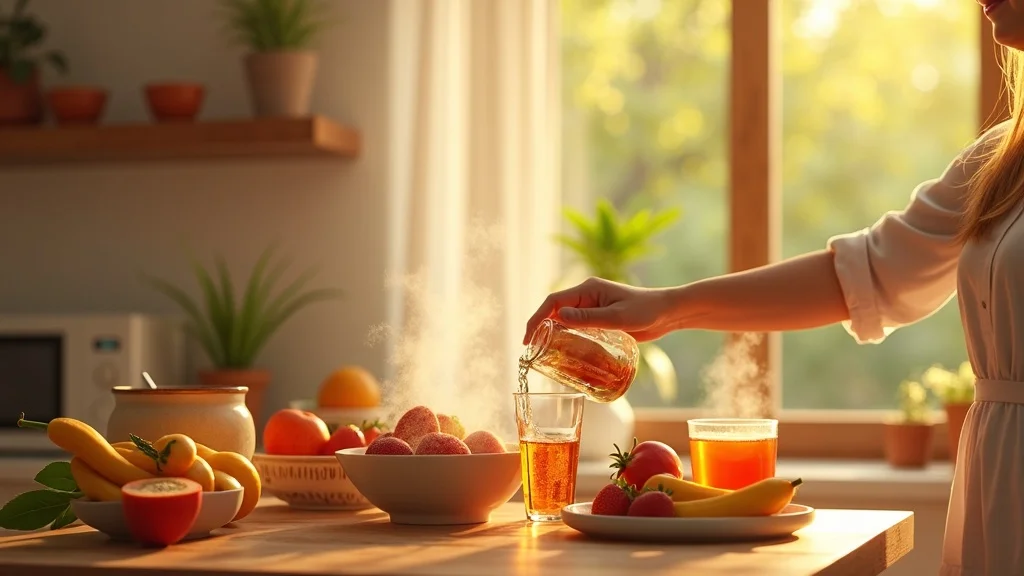 Vibrant breakfast hydration scene, part of a holistic morning routine with glass of water and fresh fruit, signifying nourishment and energy