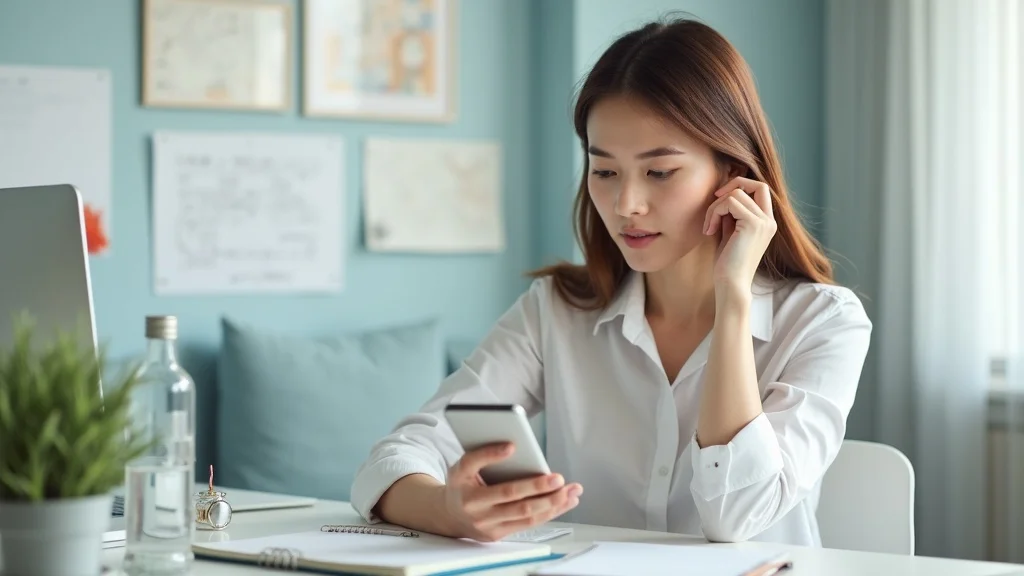 Young professional setting a phone timer for breathwork for anxiety at a bright, tidy desk in a modern apartment
