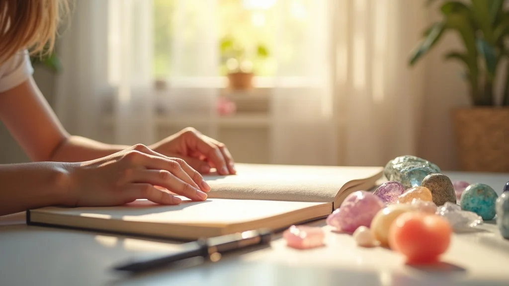 Hands arranging crystals and journal, practical tools for energy protection for empaths, sunlit workspace with colorful stones and a breeze shifting the curtain, photorealistic and inviting
