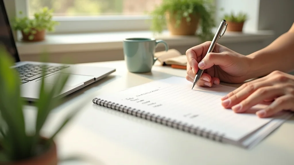 Hands writing digital detox goals on paper checklist with herbal tea and plants in a neat workspace
