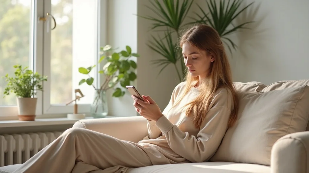 Serene young adult practicing digital detox for mental clarity by turning off smartphone in a sunlit, peaceful living room