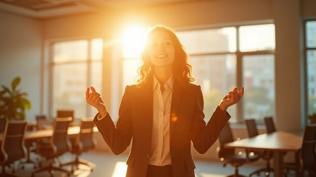 Empowered business professional standing confidently in sunlit office, gold-toned accents