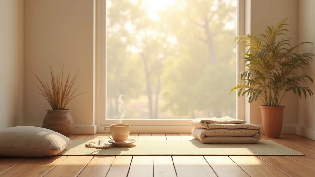 Inviting meditation corner for morning routine with yoga mat and cushions in cozy sunlit room