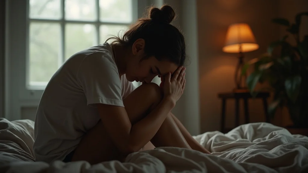 Authentic emotional block depiction—person sits contemplatively, hugging knees to chest by a window, with soft orange tones and light.