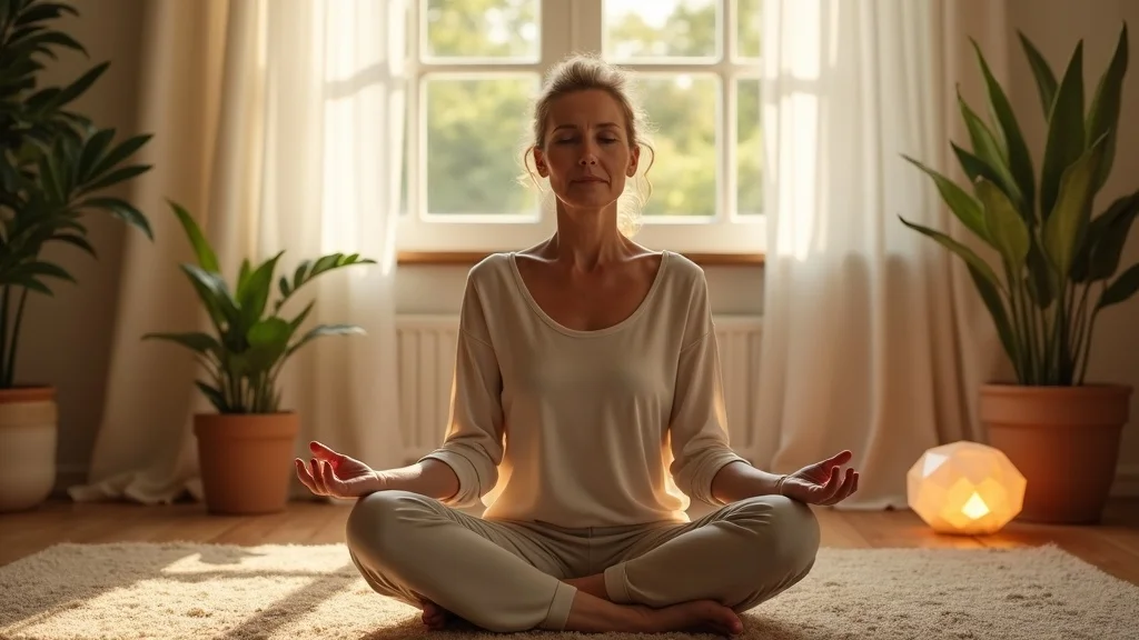 Serene woman meditating for energy protection for empaths in a cozy sanctuary setting with plants and soft lighting