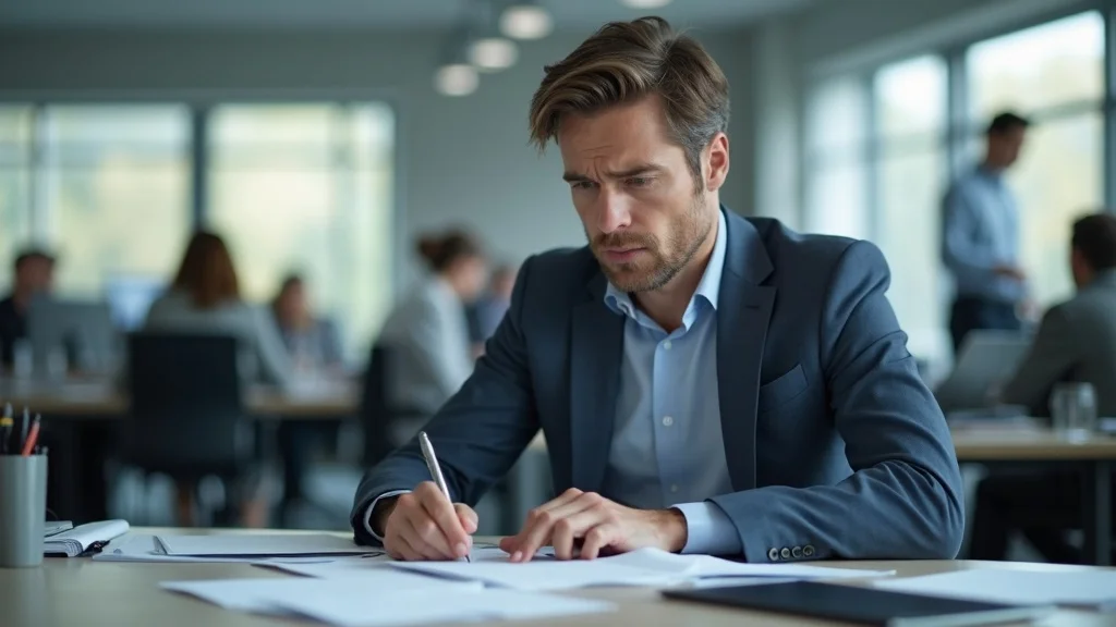 Concerned business professional practicing stress relief practices at cluttered modern desk during busy day
