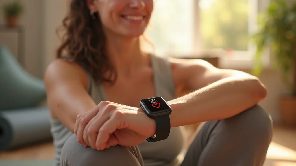 Relaxed person checking heart rate with smartwatch after yoga for stress relief in a sunlit living room with rolled yoga mat.