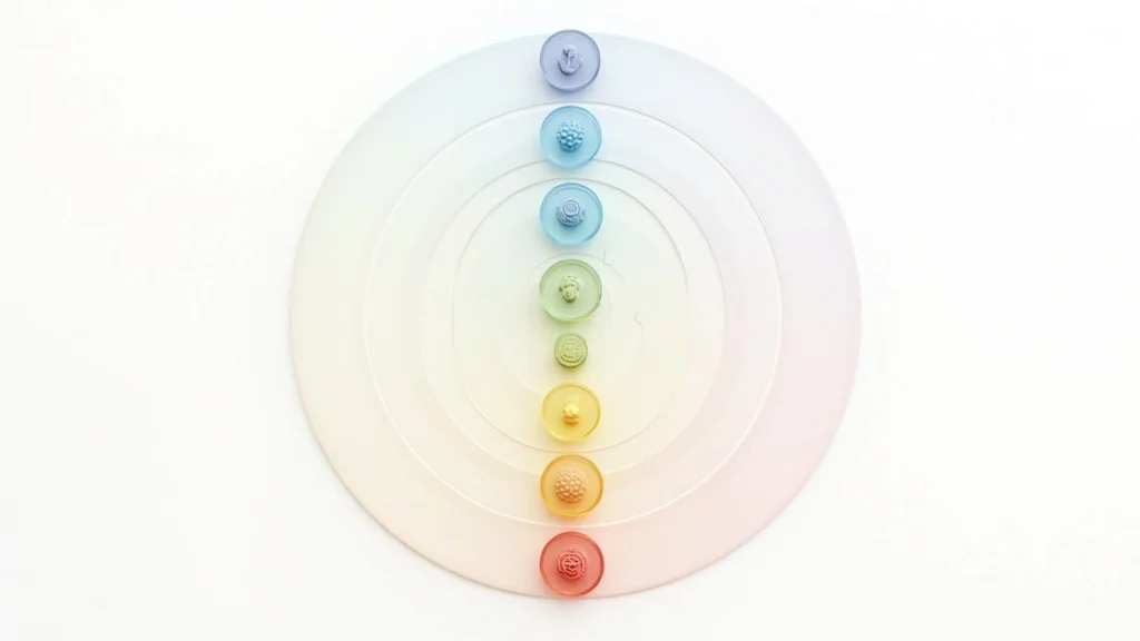 chakra system chart, bright graphic modern representation of the 7 chakras with color-coded symbols and positions