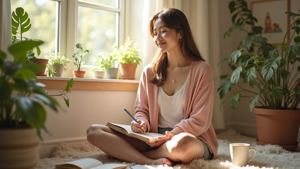 Motivated person journaling about yoga for stress relief practice on a sunny window seat with plants, tea, and handwritten notes.