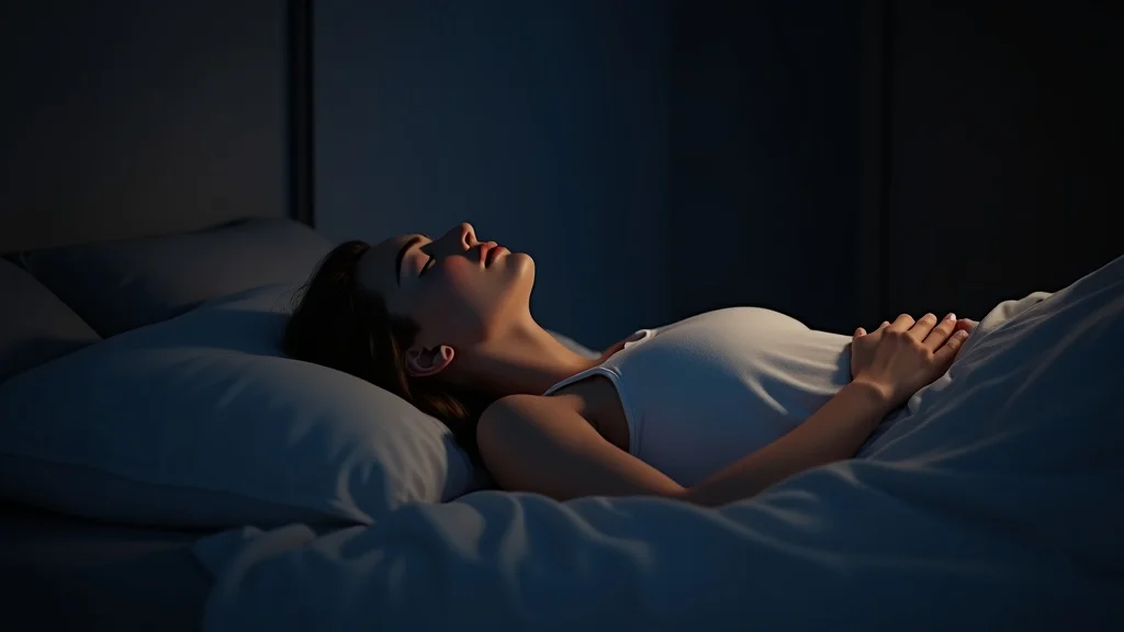 Adult practicing deep breathing for sleep meditation, lying on bed, tranquil environment, restful sleep preparation