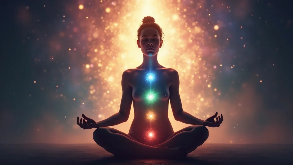 chakra healing meditation, serene photorealistic human silhouette, 7 colored light points aligned along the body, soft glowing background, realistic textures