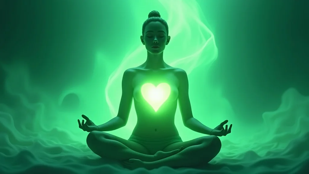 Dynamic green energy light flowing through the chest, visualizing open heart chakra energy in meditation