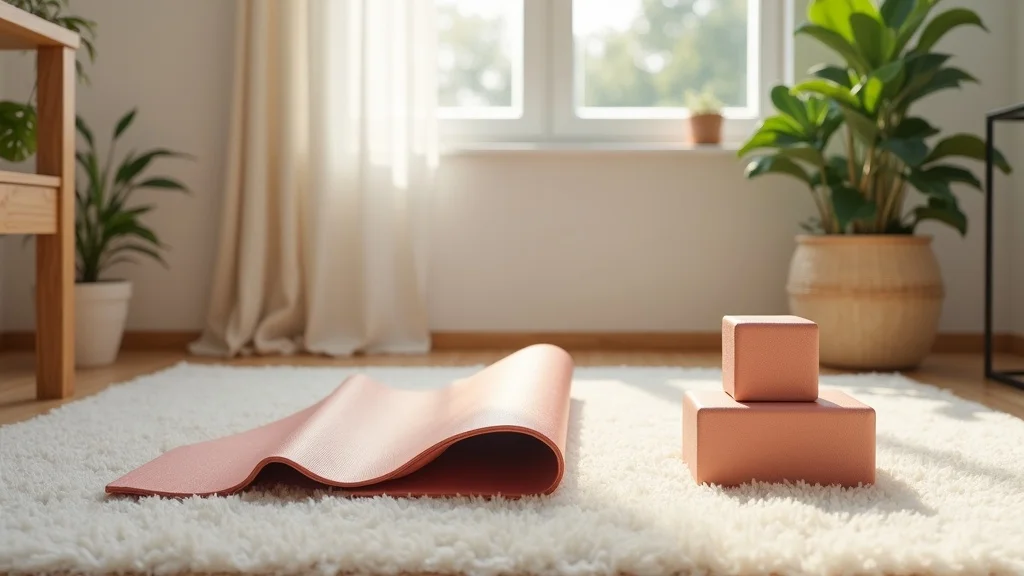 Organized beginner yoga props for home practice including mat, blocks, straps, on cozy carpet with bright, clean, plant-filled living room