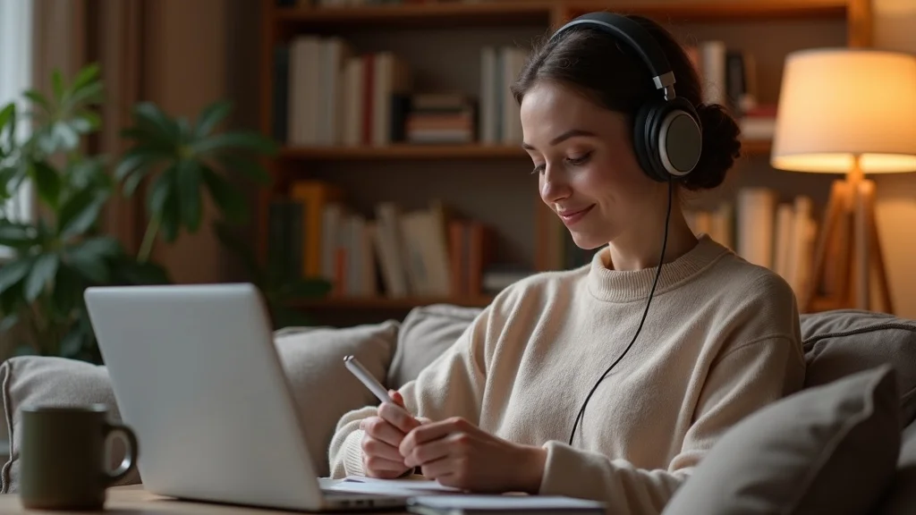 Relaxed creative professional using stress relief practices with calming music, soft lighting, and notetaking at home