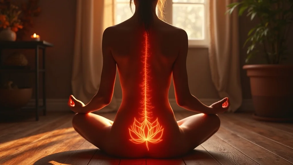 Root chakra symbol, glowing red lotus at base of spine, with detailed photorealistic artistry highlighting Muladhara location and spiritual depth