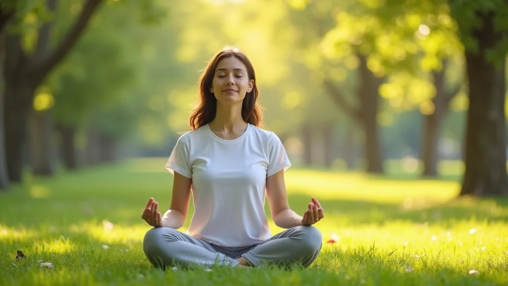 Serene adult practicing deep breathing for nervous system reset outdoors in a sunlit park with calming green and blue tones