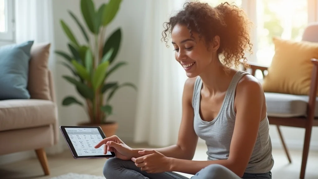 Beginner yogi checking a simple weekly yoga plan on tablet in cozy home setting with mat, plant, and natural daylight