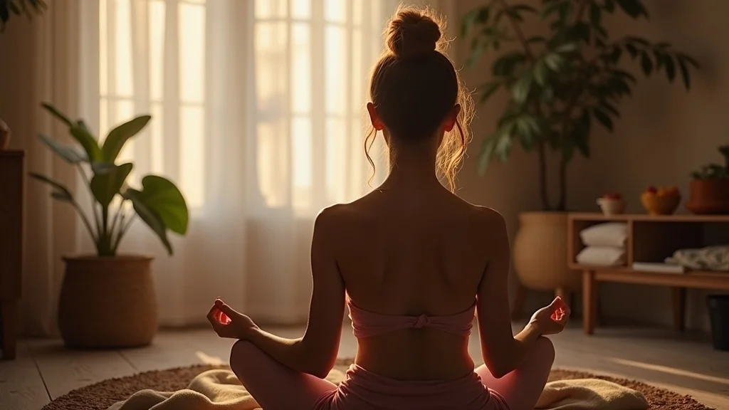 Content individual reflecting after meditation, sitting peacefully in a cozy home space with a tranquil expression.