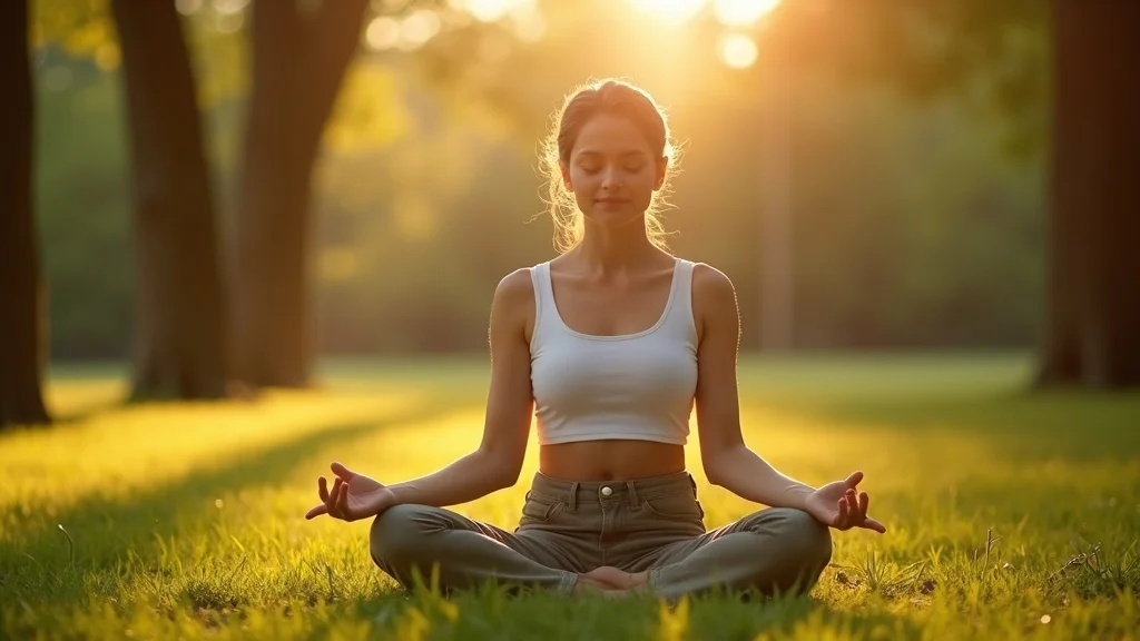 mindful manifestation serene young woman meditating outdoors in a tranquil park, sunlight and greenery, reflecting mindfulness and contentment