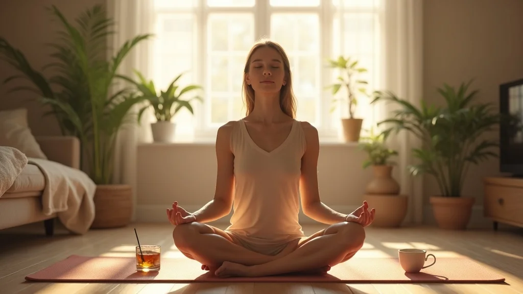 Peaceful person practicing breathwork in cozy living room as part of a holistic morning routine, fostering mindfulness and calm