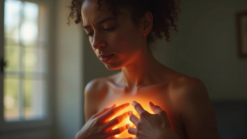 blocked chakras symptoms, concerned person holding head or chest, colored light overlays signifying energy imbalance