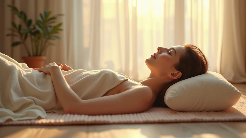 Relaxed individual meditating lying down during morning meditation routine for calm and focus