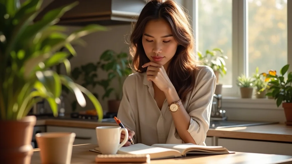 Adult journaling during holistic morning routine with coffee mug in a tranquil, sunlit kitchen focusing on wellness and mental clarity