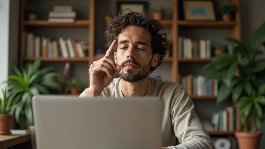 Focused young man practicing box breathing for anxiety by tracing a square in a peaceful, cozy home office