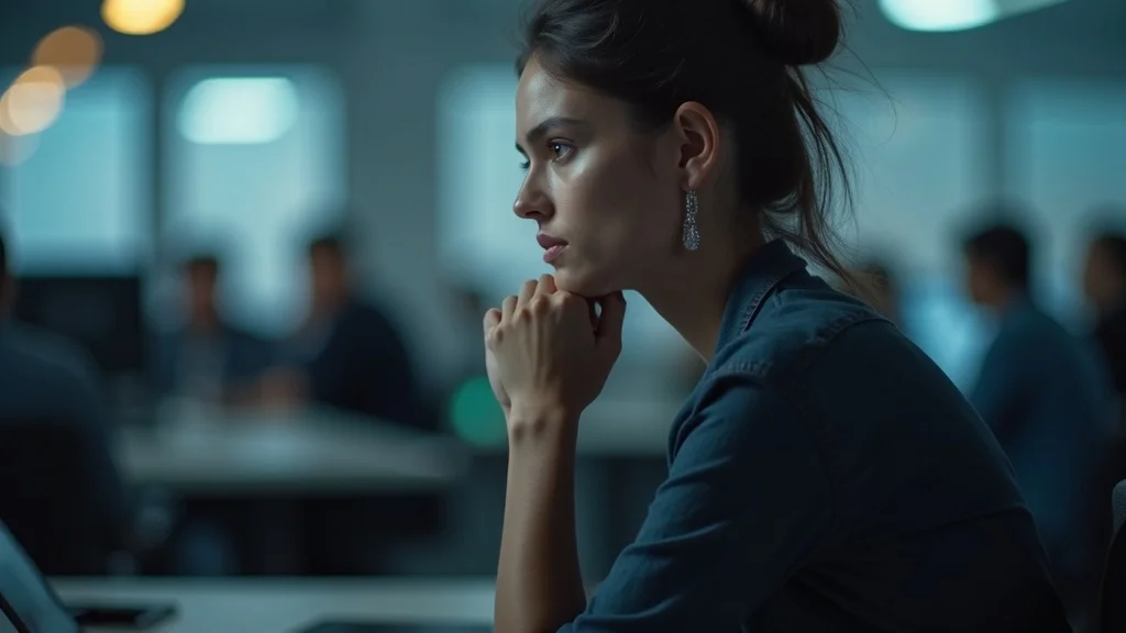 Thoughtful young professional in office, recognizing energy vampires, concept for energy protection for empaths, foreground in focus with subtle tense background