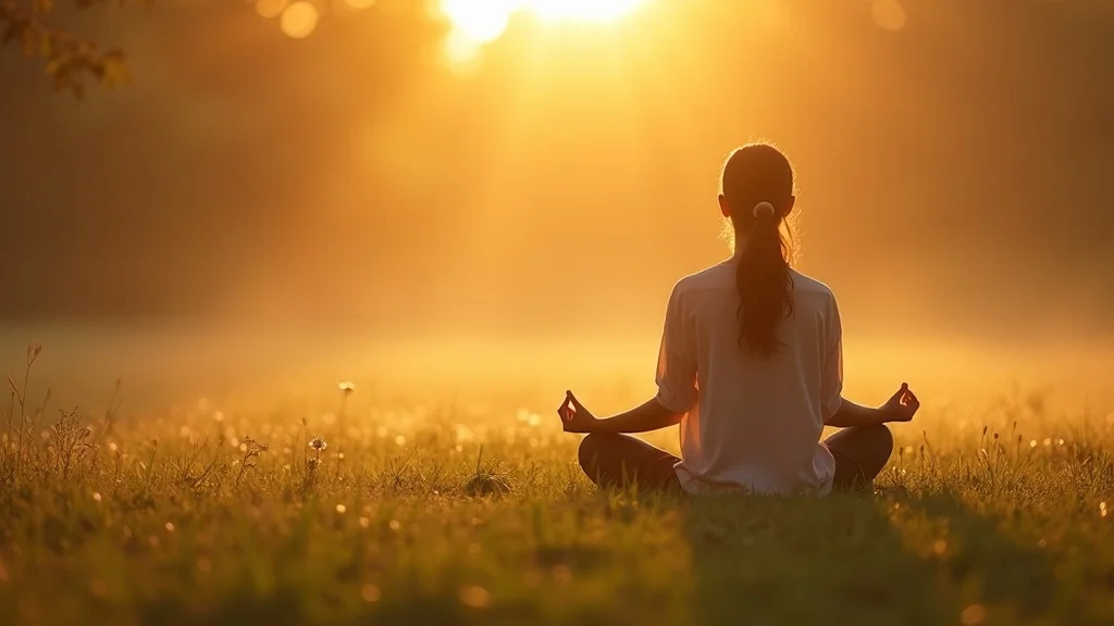 Peaceful individual practicing silent meditation alone outdoors at sunrise on a misty lawn.