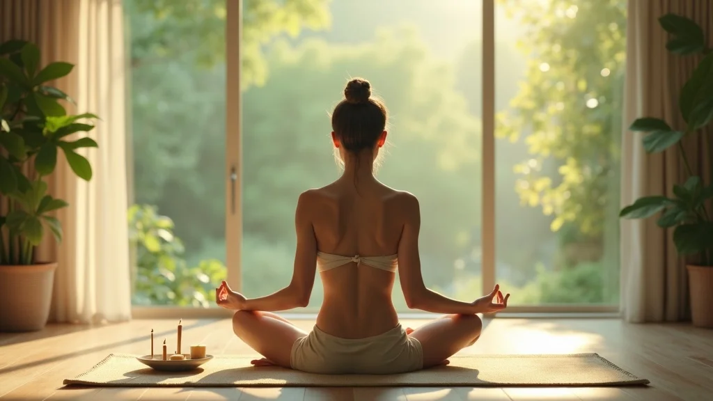 Peaceful adult practicing 20-minute guided morning meditation routine in bright room overlooking garden