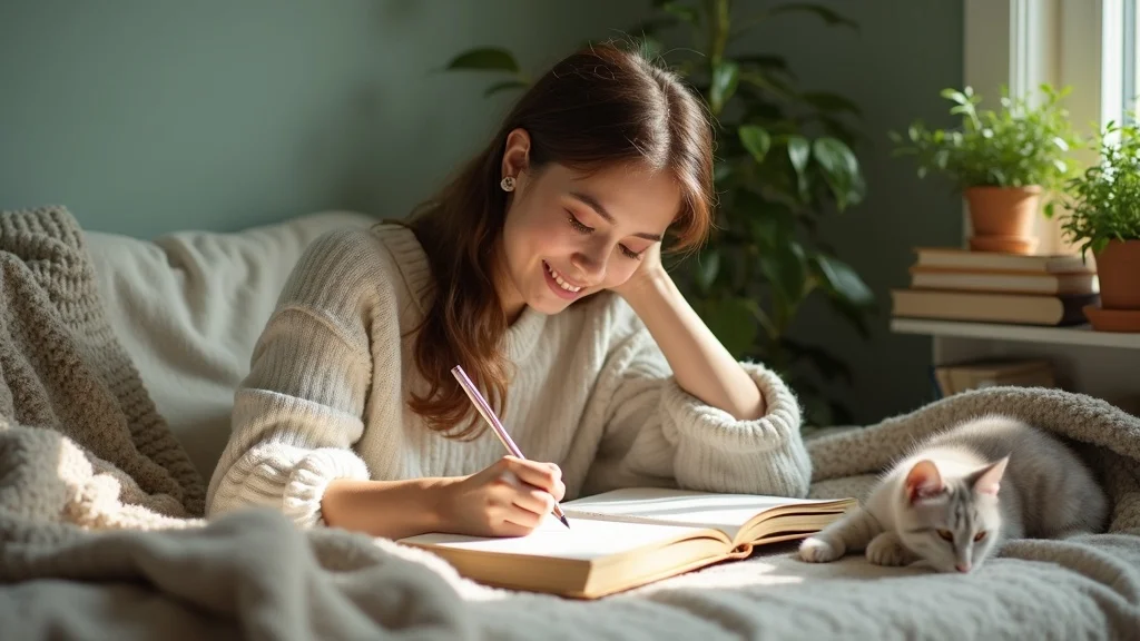 Adult journaling in a cozy nook, mindful practices for energy protection for empaths with soft sunlight and plant details