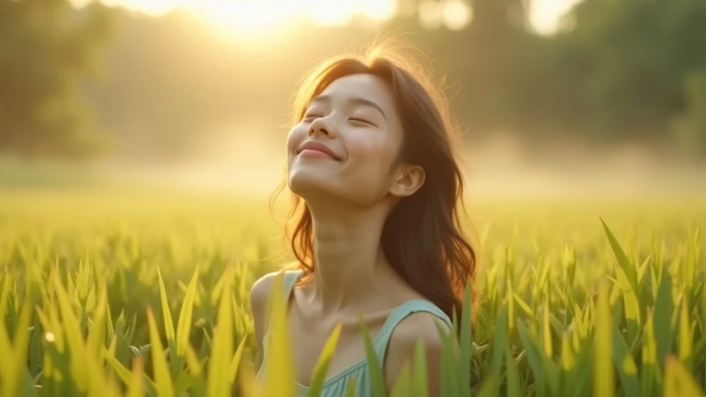 Peaceful person outdoors experiencing spiritual awakening, with serene expression in tranquil nature and gentle sunlight