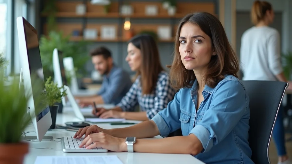 Diverse adults experiencing stress at work with tense expressions, highlighting the need for breathwork for anxiety in a modern office environment
