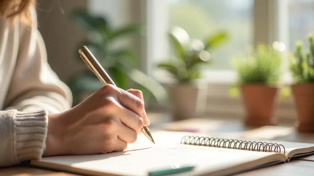 mindfulness techniques focused person journaling manifestation goals at a tidy desk with vision board and plants, affirming intentions daily