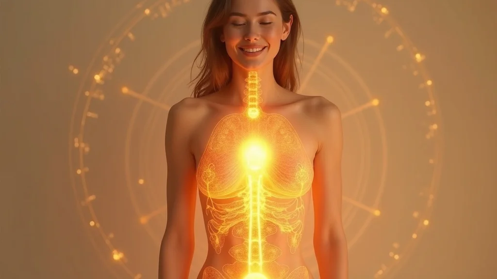 Anatomical female torso with glowing golden light at the solar plexus chakra, chakra symbol overlay, photorealistic, gold and amber tones