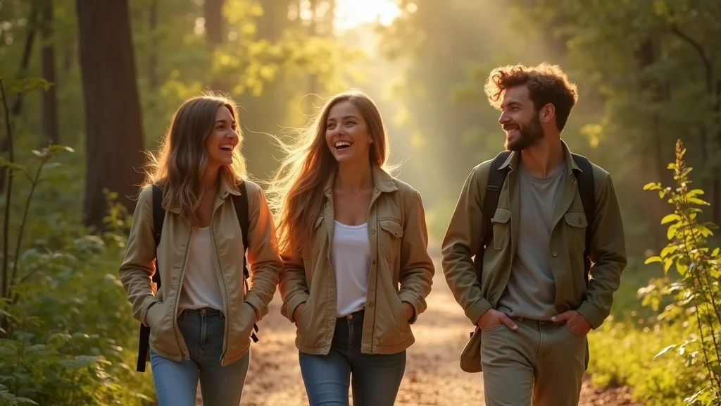Happy friends practice digital detox for mental clarity on a group walk in the woods