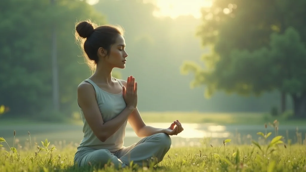Focused person practicing yoga breathing for stress relief with eyes closed, peaceful outdoor setting, gentle breeze and trees.