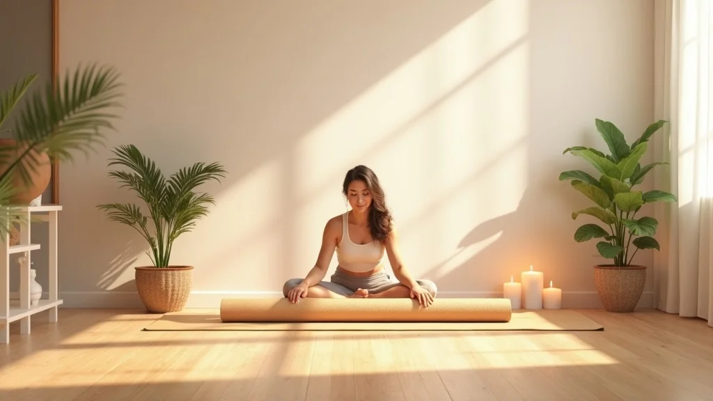 Yoga for stress relief in a bright yoga studio with props, person rolling out mat with a welcoming smile, pastel tones, and natural sunlight.